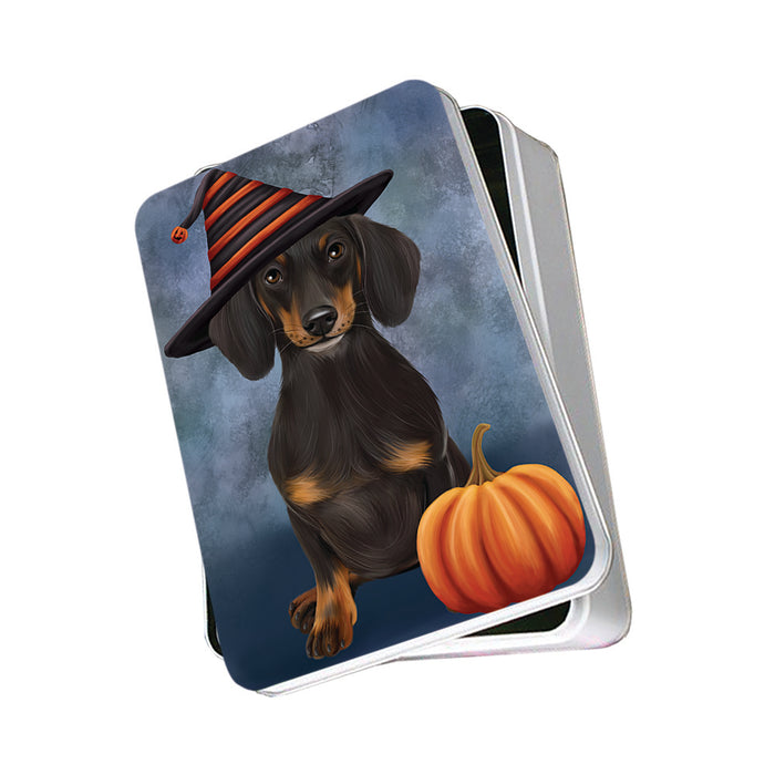 Happy Halloween Dachshund Dog Wearing Witch Hat with Pumpkin Photo Storage Tin PITN54886