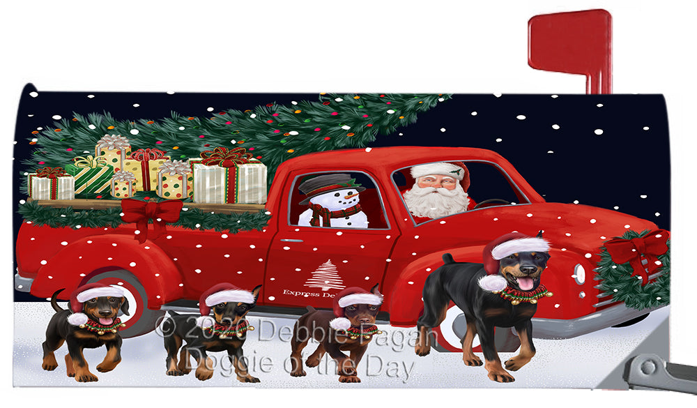Christmas Express Delivery Red Truck Running Doberman Dog Magnetic Mailbox Cover Both Sides Pet Theme Printed Decorative Letter Box Wrap Case Postbox Thick Magnetic Vinyl Material