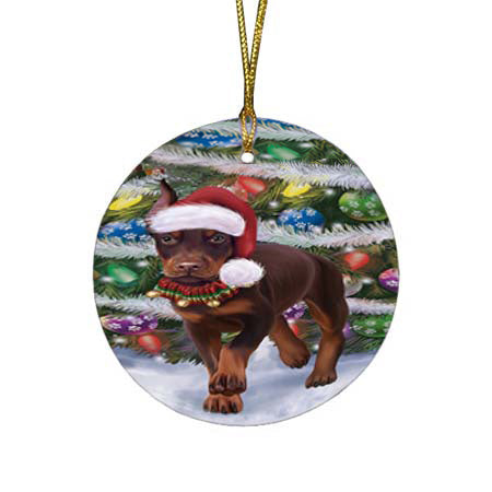 Trotting in the Snow Doberman Pinscher Dog Round Flat Christmas Ornament RFPOR55794