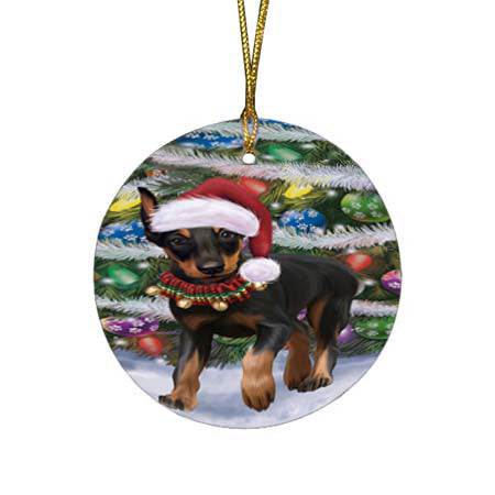 Trotting in the Snow Doberman Pinscher Dog Round Flat Christmas Ornament RFPOR55795
