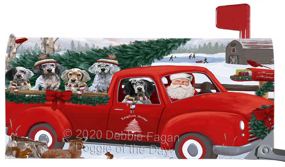 Christmas Santa Express Delivery Red Truck English Setter Dogs Magnetic Mailbox Cover Both Sides Pet Theme Printed Decorative Letter Box Wrap Case Postbox Thick Magnetic Vinyl Material