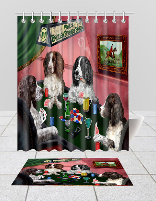 Home of  English Springer Spaniel Dogs Playing Poker Bath Mat and Shower Curtain Combo