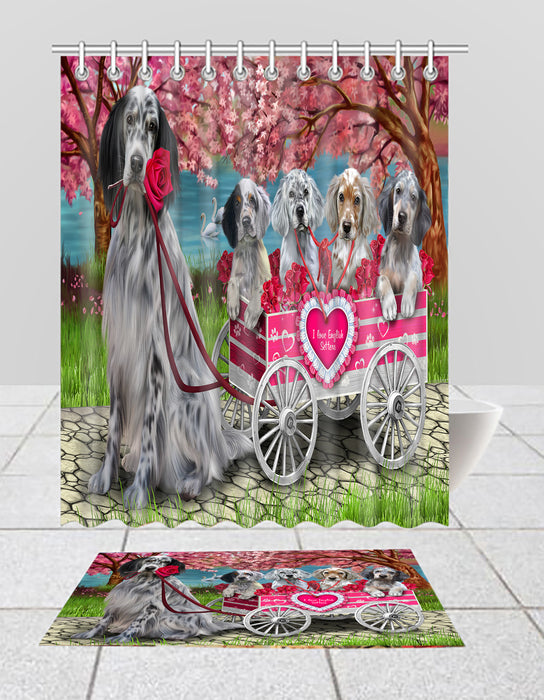 I Love English Setter Dogs in a Cart Bath Mat and Shower Curtain Combo