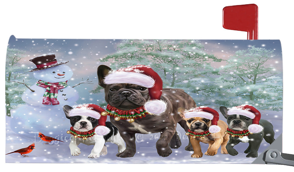 Christmas Running Family French Bulldogs Magnetic Mailbox Cover Both Sides Pet Theme Printed Decorative Letter Box Wrap Case Postbox Thick Magnetic Vinyl Material