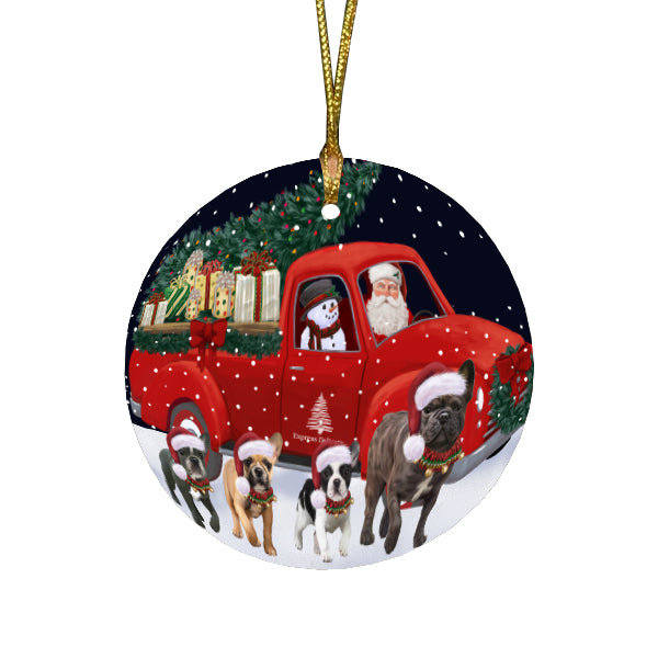 Christmas Express Delivery Red Truck Running French Bulldogs Round Flat Christmas Ornament RFPOR57750