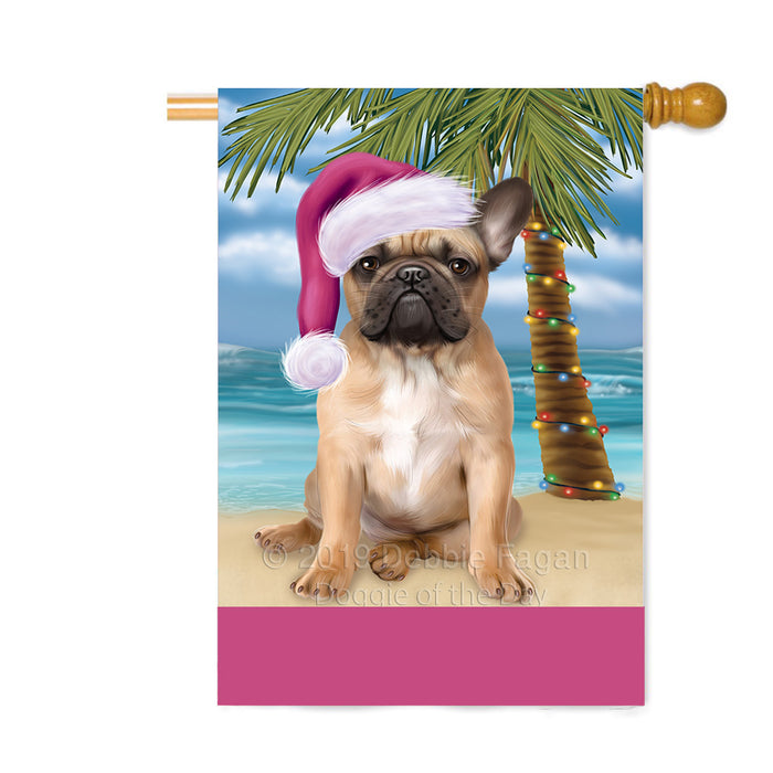 Personalized Summertime Happy Holidays Christmas French Bulldog on Tropical Island Beach Custom House Flag FLG-DOTD-A60530