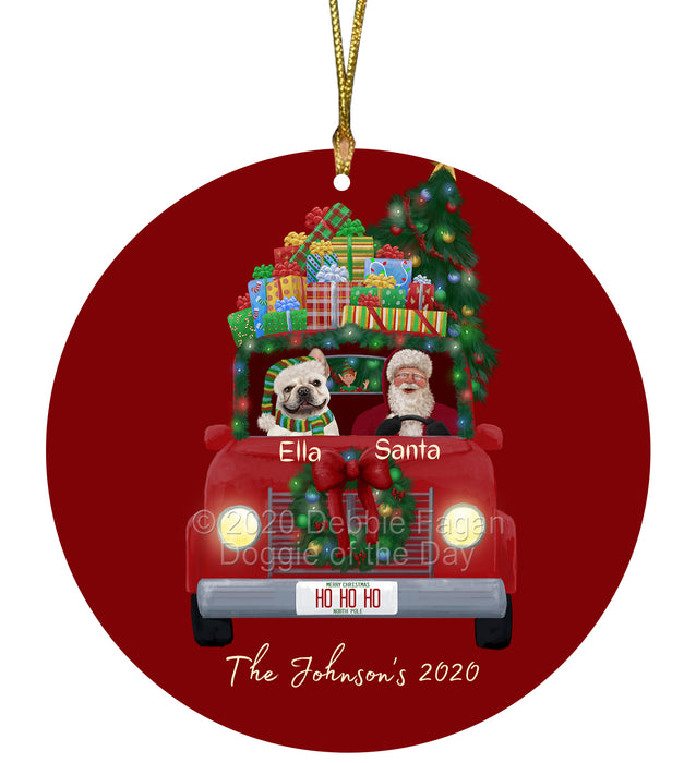 Personalized Christmas Honk Honk Red Truck Here Comes with Santa and French Bulldog Round Flat Ornament PRBPOR59076