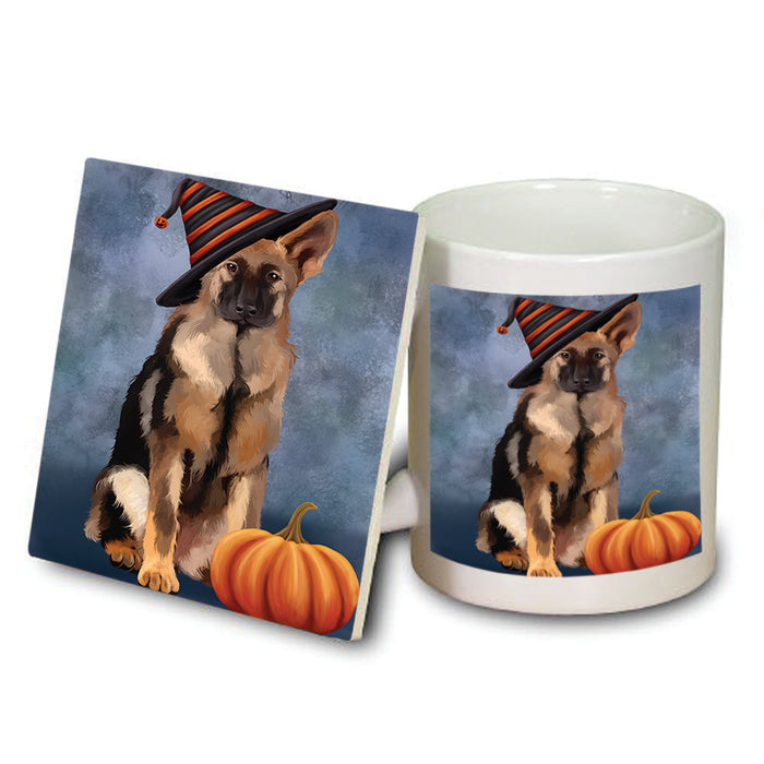 Happy Halloween German Shepherd Dog Wearing Witch Hat with Pumpkin Mug and Coaster Set MUC54946