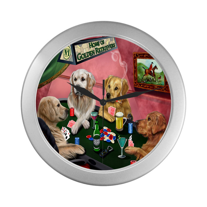 Home of Golden Retriever Dogs Playing Poker Silver Wall Clocks