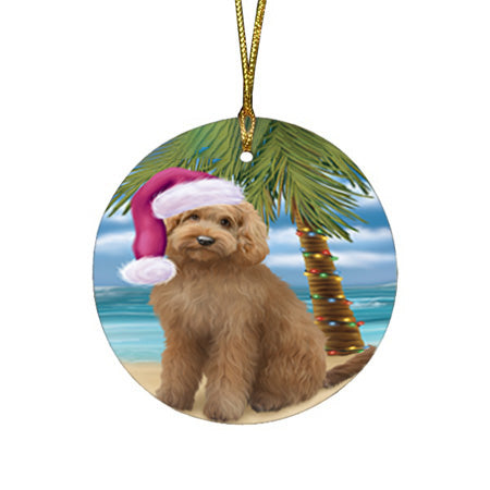 Summertime Happy Holidays Christmas Goldendoodle Dog on Tropical Island Beach Round Flat Christmas Ornament RFPOR54547