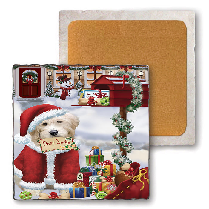 Goldendoodle Dog Dear Santa Letter Christmas Holiday Mailbox Set of 4 Natural Stone Marble Tile Coasters MCST48539