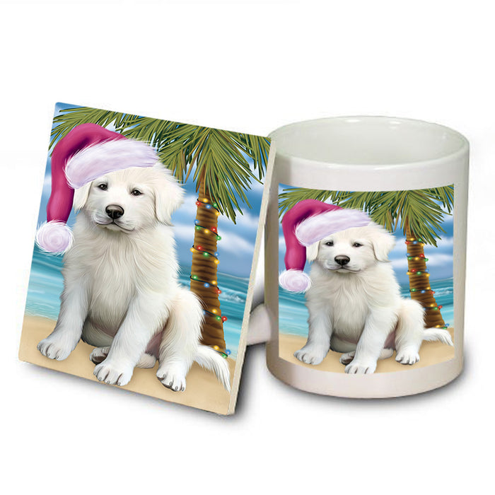Summertime Happy Holidays Christmas Great Pyrenee Dog on Tropical Island Beach Mug and Coaster Set MUC54425