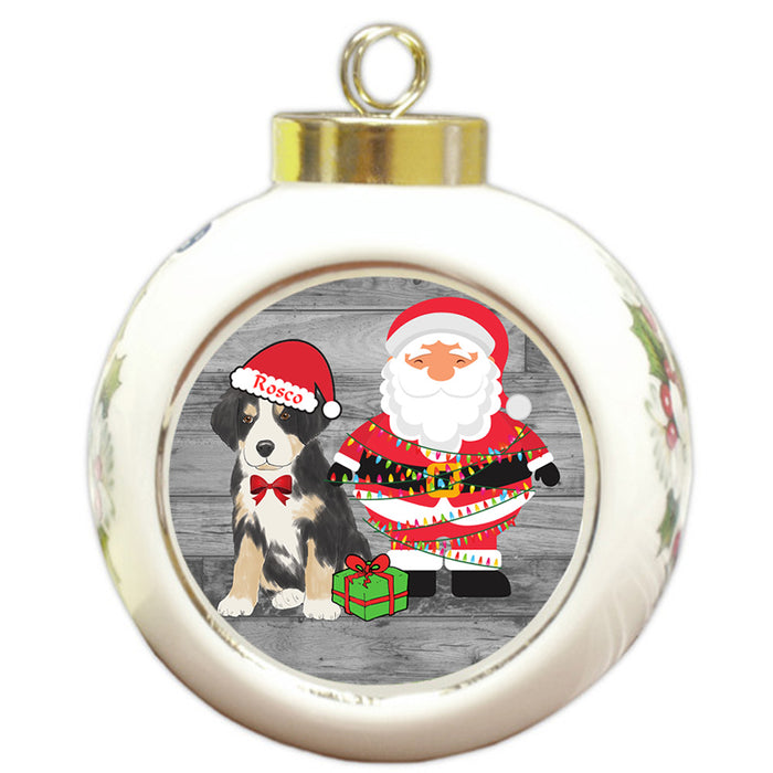 Custom Personalized Greater Swiss Mountain Dog With Santa Wrapped in Light Christmas Round Ball Ornament