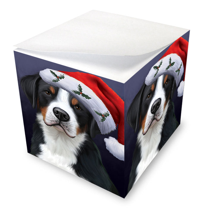 Christmas Holidays Greater Swiss Mountain Dog Wearing Santa Hat Portrait Head Note Cube NOC55144