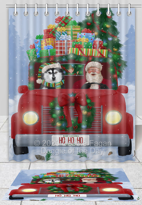 Christmas Honk Honk Red Truck Here Comes with Santa and Siberian Husky Dog Bath Mat and Shower Curtain Combo