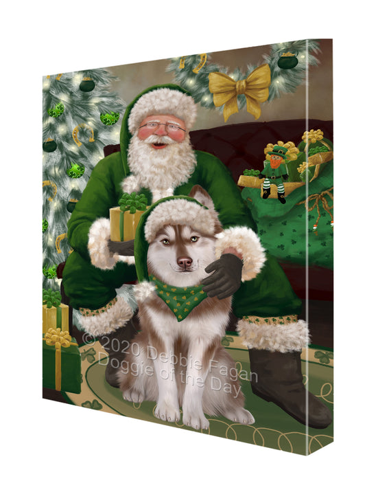 Christmas Irish Santa with Gift and Siberian Husky Dog Canvas Print Wall Art Décor CVS147761