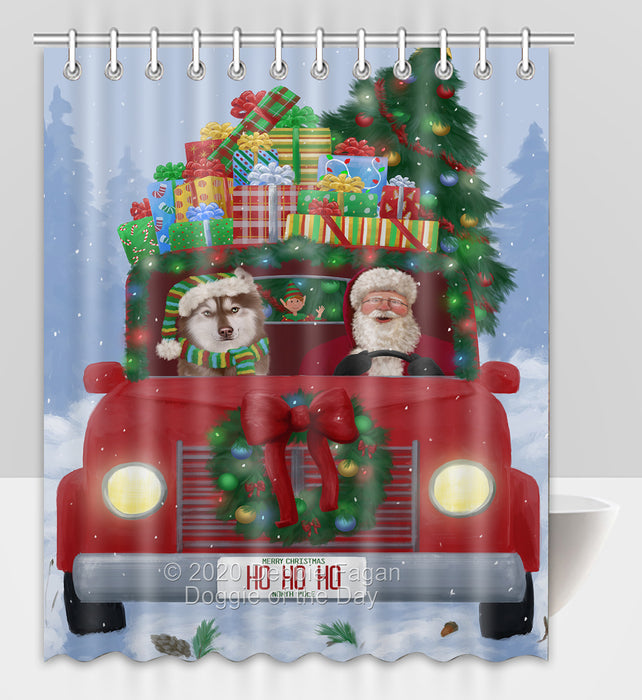 Christmas Honk Honk Red Truck Here Comes with Santa and Siberian Husky Dog Shower Curtain Bathroom Accessories Decor Bath Tub Screens SC047