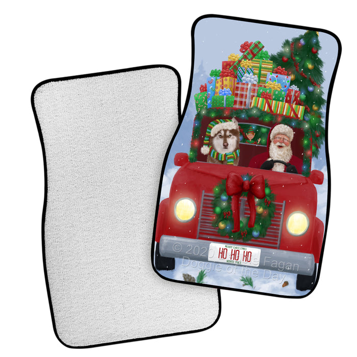 Christmas Honk Honk Red Truck Here Comes with Santa and Siberian Husky Dog Polyester Anti-Slip Vehicle Carpet Car Floor Mats  CFM49741