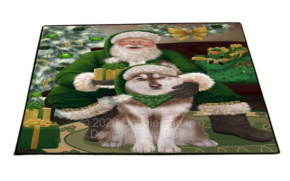 Christmas Irish Santa with Gift and Siberian Husky Dog Indoor/Outdoor Welcome Floormat - Premium Quality Washable Anti-Slip Doormat Rug FLMS57178