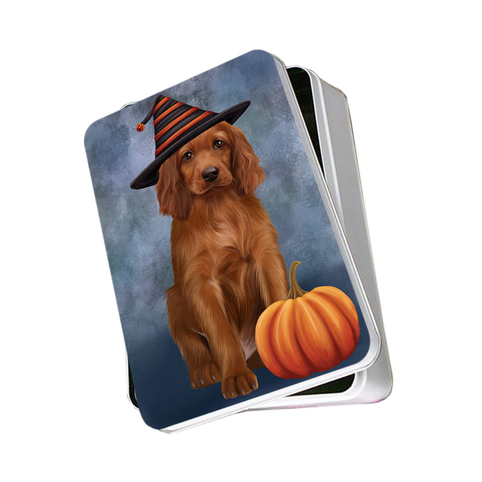 Happy Halloween Irish Setter Dog Wearing Witch Hat with Pumpkin Photo Storage Tin PITN54676