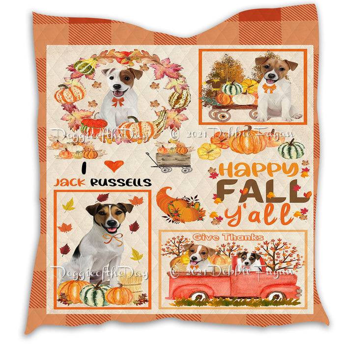 Happy Fall Y'all Pumpkin Jack Russell Dogs Quilt Bed Coverlet Bedspread - Pets Comforter Unique One-side Animal Printing - Soft Lightweight Durable Washable Polyester Quilt