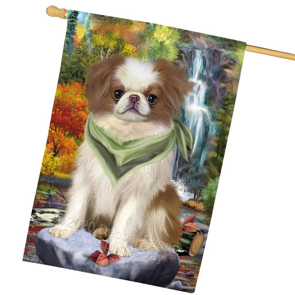Scenic Waterfall Japanese Chin Dog House Flag Outdoor Decorative Double Sided Pet Portrait Weather Resistant Premium Quality Animal Printed Home Decorative Flags 100% Polyester FLG69261
