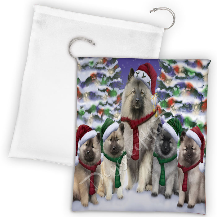 Keeshond Dogs Christmas Family Portrait in Holiday Scenic Background Drawstring Laundry or Gift Bag LGB48154