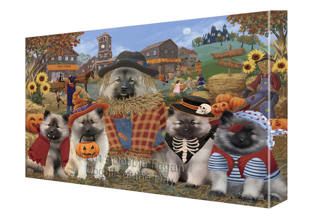 Halloween 'Round Town And Fall Pumpkin Scarecrow Both Keeshond Dogs Canvas Print Wall Art Décor CVS139643