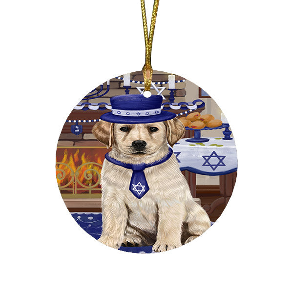 Happy Hanukkah Family and Happy Hanukkah Both Labradors Dog Round Flat Christmas Ornament RFPOR57589