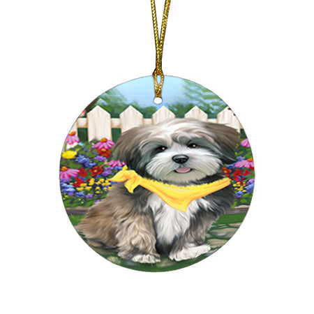 Spring Floral Lhasa Apso Dog Round Flat Christmas Ornament RFPOR49897