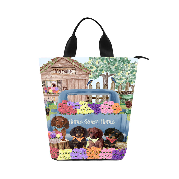 Rhododendron Home Sweet Home Garden Blue Truck Dachshund Dog on Nylon Lunch Tote Bag