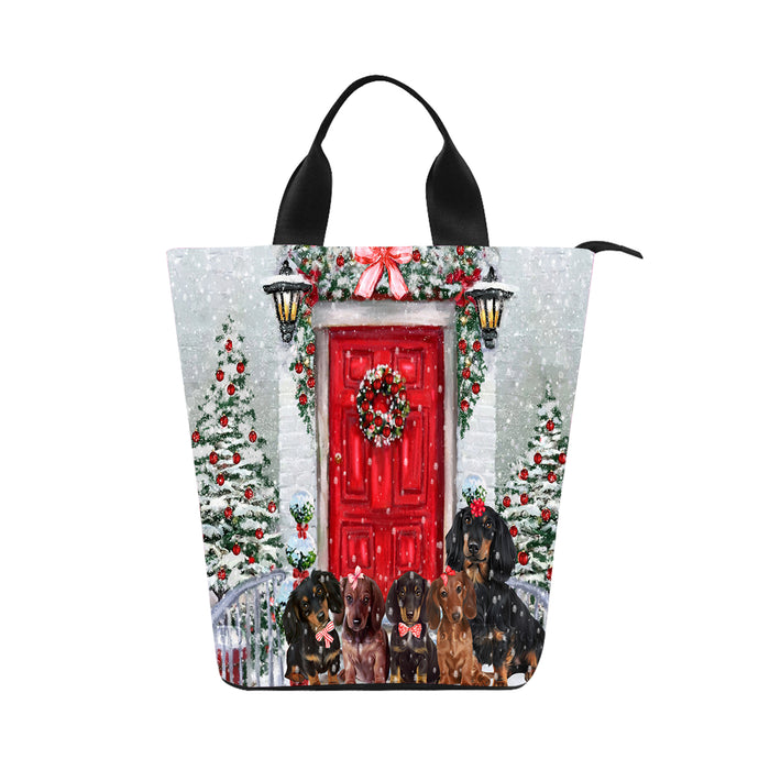 Christmas Holiday Welcome Red Door Dachshund Dog on Nylon Lunch Tote Bag