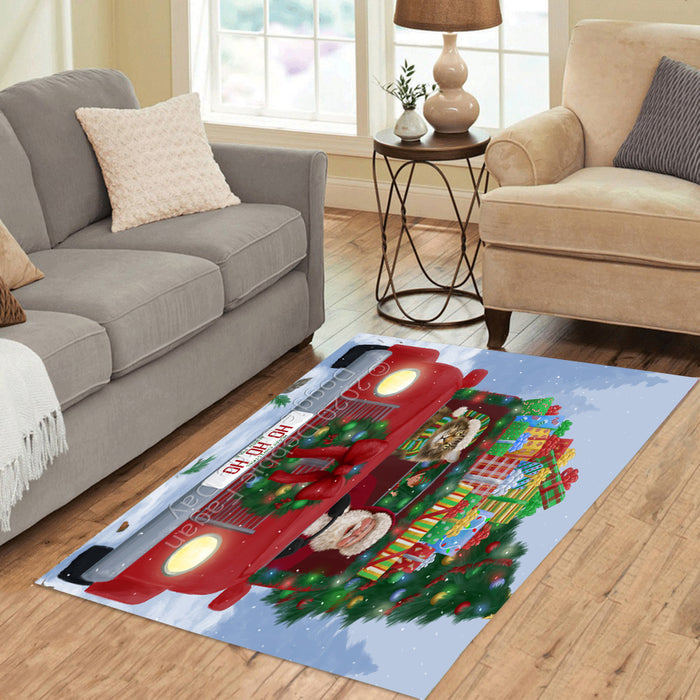 Christmas Honk Honk Red Truck Here Comes with Santa and Maine Coon Cat Polyester Area Rug ARUG63562