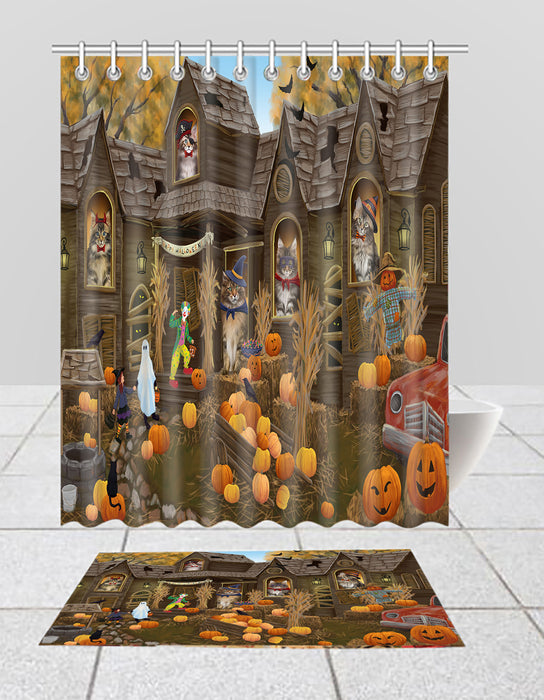 Haunted House Halloween Trick or Treat Maine Coon Cats  Bath Mat and Shower Curtain Combo