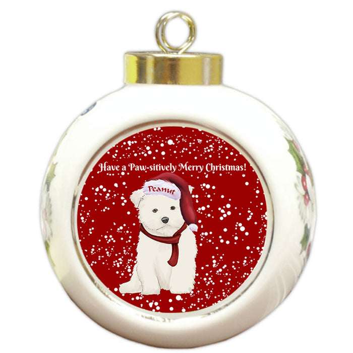 Custom Personalized Pawsitively Maltese Dog Merry Christmas Round Ball Ornament