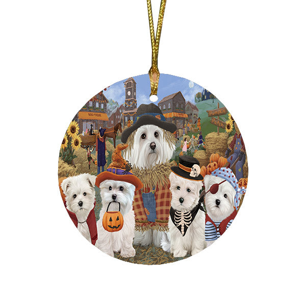 Halloween 'Round Town And Fall Pumpkin Scarecrow Both Maltese Dogs Round Flat Christmas Ornament RFPOR57414