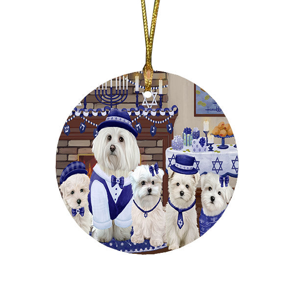 Happy Hanukkah Family and Happy Hanukkah Both Maltese Dogs Round Flat Christmas Ornament RFPOR57536