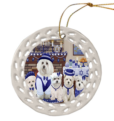 Happy Hanukkah Family Maltese Dogs Ceramic Doily Ornament DPOR57632