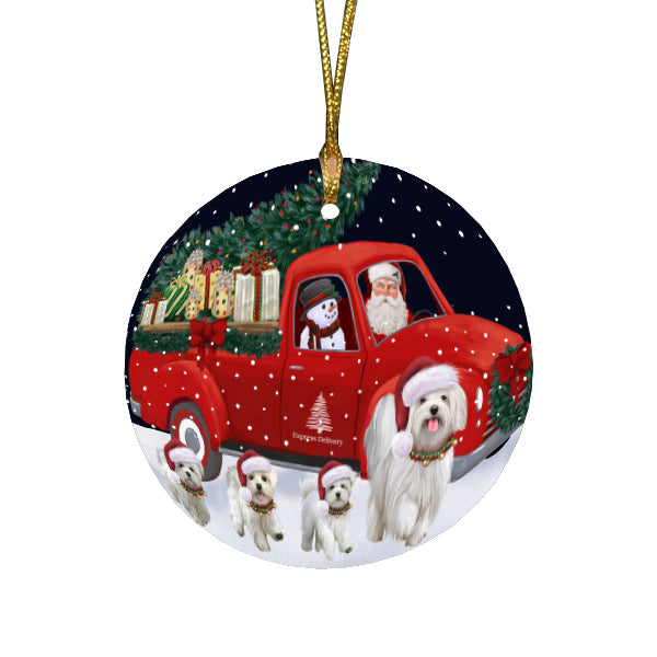 Christmas Express Delivery Red Truck Running Maltese Dogs Round Flat Christmas Ornament RFPOR57758