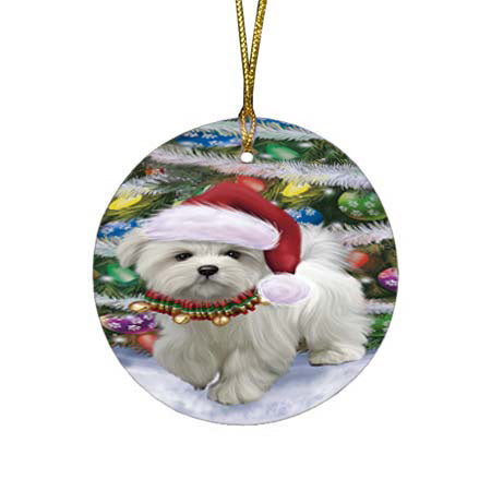Trotting in the Snow Maltese Dog Round Flat Christmas Ornament RFPOR55802