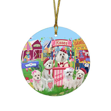 Carnival Kissing Booth Malteses Dog Round Flat Christmas Ornament RFPOR56263