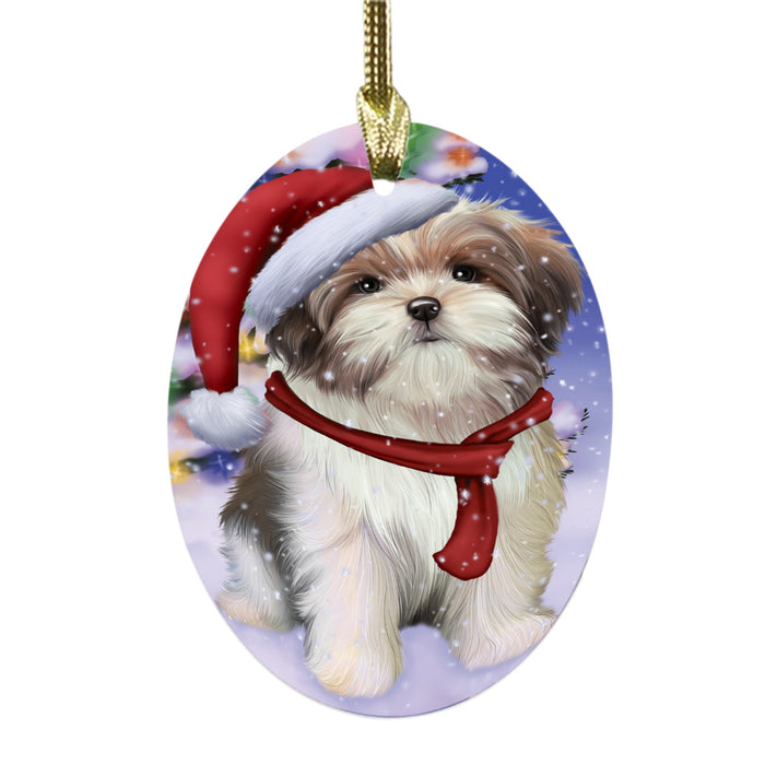 Winterland Wonderland Malti Tzu Dog In Christmas Holiday Scenic Background Oval Glass Christmas Ornament OGOR49609