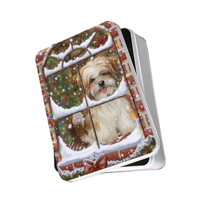 Please Come Home For Christmas Malti Tzu Dog Sitting In Window Photo Storage Tin PITN57557
