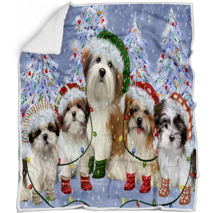 Christmas Lights and Malti Tzu Dogs Blanket - Lightweight Soft Cozy and Durable Bed Blanket - Animal Theme Fuzzy Blanket for Sofa Couch