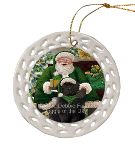 Christmas Irish Santa with Gift and Newfoundland Dog Doily Ornament DPOR59505