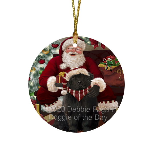 Santa's Christmas Surprise Newfoundland Dog Round Flat Christmas Ornament RFPOR58042