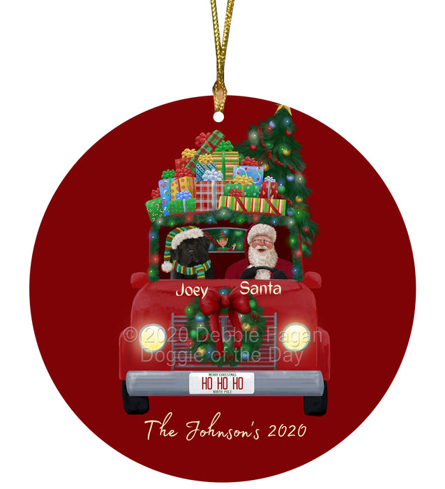 Personalized Christmas Honk Honk Red Truck Here Comes with Santa and Newfoundland Dog Round Flat Ornament PRBPOR59094