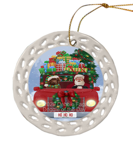 Christmas Honk Honk Red Truck with Santa and Newfoundland Dog Doily Ornament DPOR59366