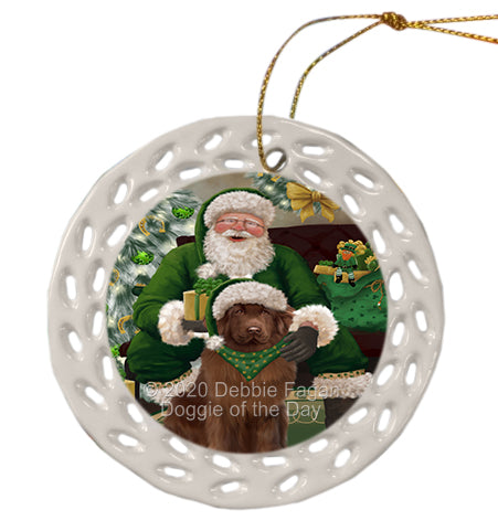 Christmas Irish Santa with Gift and Newfoundland Dog Doily Ornament DPOR59506