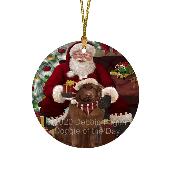 Santa's Christmas Surprise Newfoundland Dog Round Flat Christmas Ornament RFPOR58043